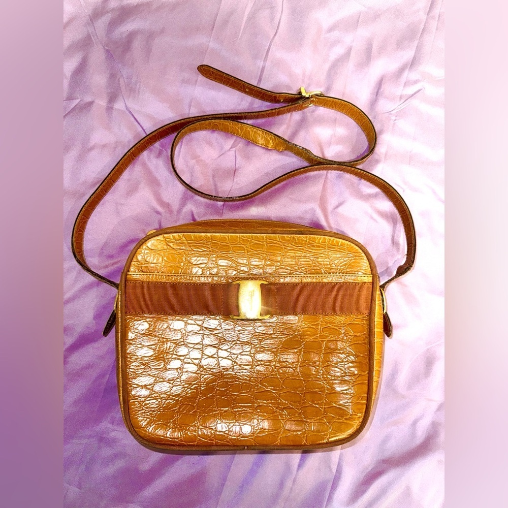 Salvatore Ferragamo Vintage Croc Embossed Leather Crossbody Bag – Italy